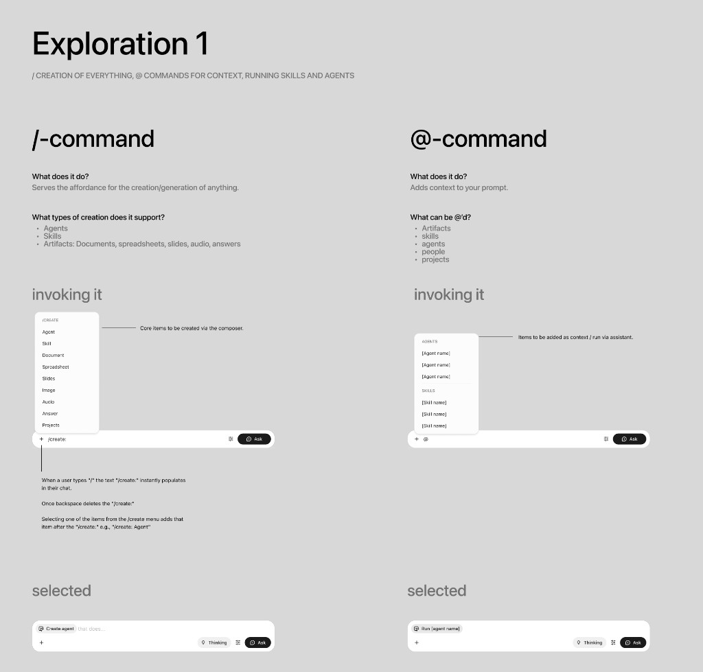 Exploration 1: / for creation of everything, @ for context, running skills and agents